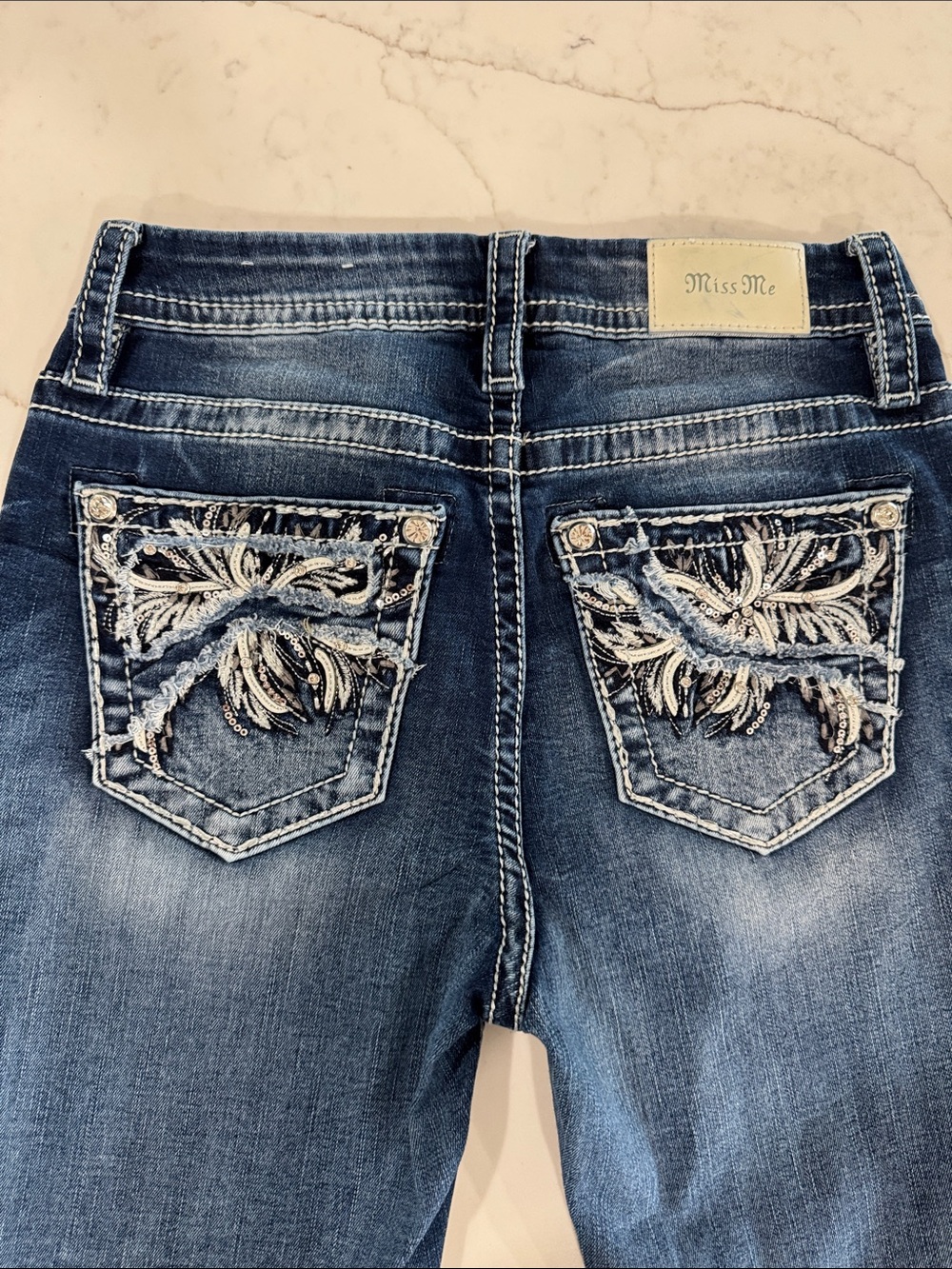 Miss Me Dark Blue Curvy Skinny Jeans with Embroidered Sequin Pockets